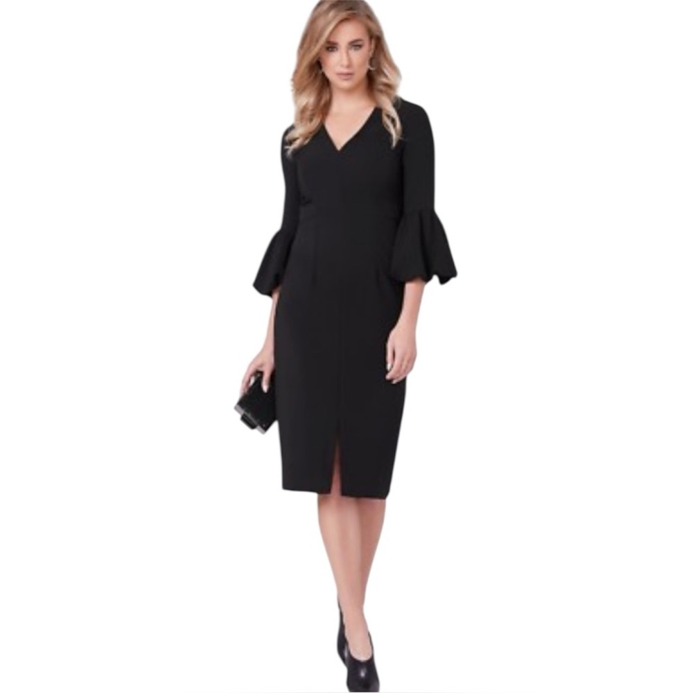 David Meister timeless black BELL SLEEVE lined sheath tailored v-neck LBD dress